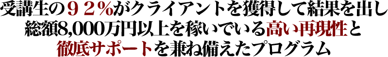 受講生の９２％がクライアントを獲得して結果を出し総額8,000万円以上を稼いでいる高い再現性と徹底サポートを兼ね備えたプログラム